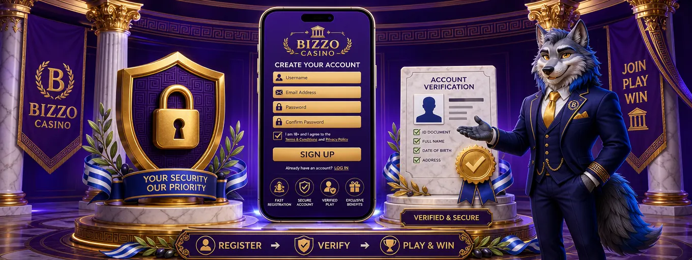 Ασφαλής εγγραφή λογαριασμού Bizzo Casino με χρυσή ασπίδα και επαληθευμένο έγγραφο ταυτότητας